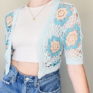Vintage Teal Peach Cream Crochet Cropped Open Cardigan Shrug y2k